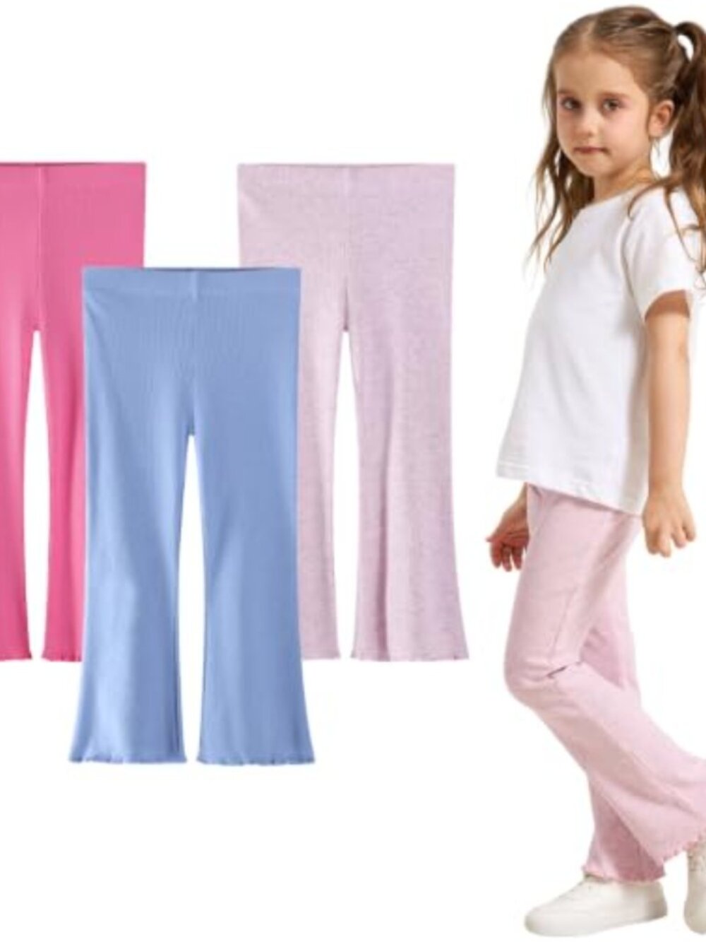Girls Ribbed Flare Leggings 3-Pack Scalloped Hem Pull On Bootcut Pants